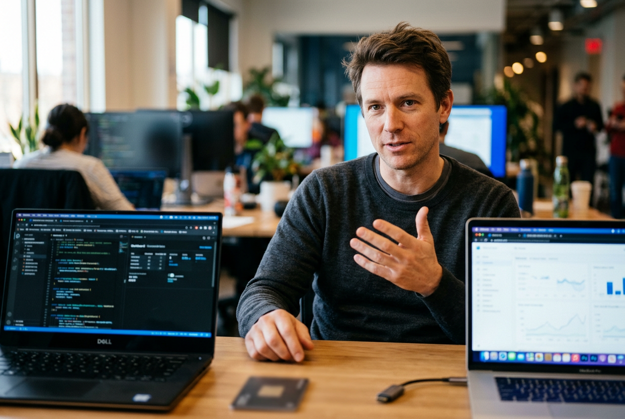 Data platform lead explicando el modelo de Skills y Bridges junto a su stack en VS Code y dashboard analítico