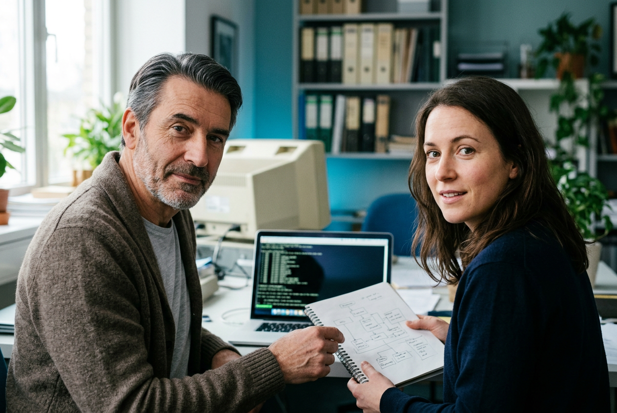 Dos profesionales colaborando en la modernización de un sistema legacy con agentes Datagentis